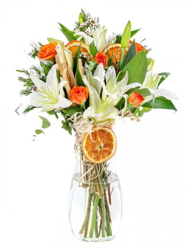 Cam Vazoda Lilyum ve Turuncu Güller